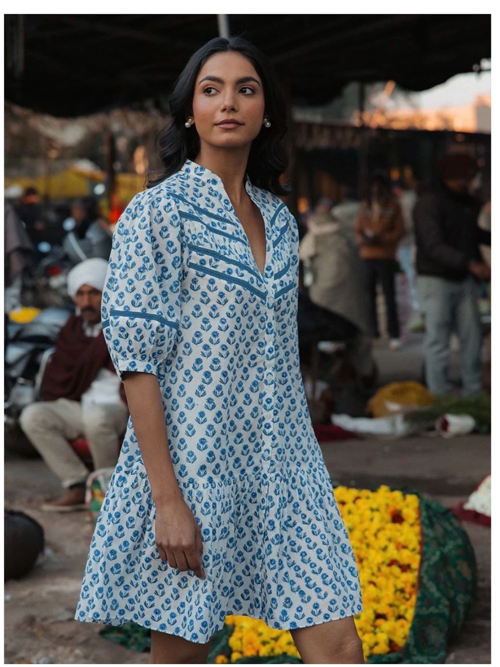 Blue Floral Print Mini Dress with Pintuck Detail